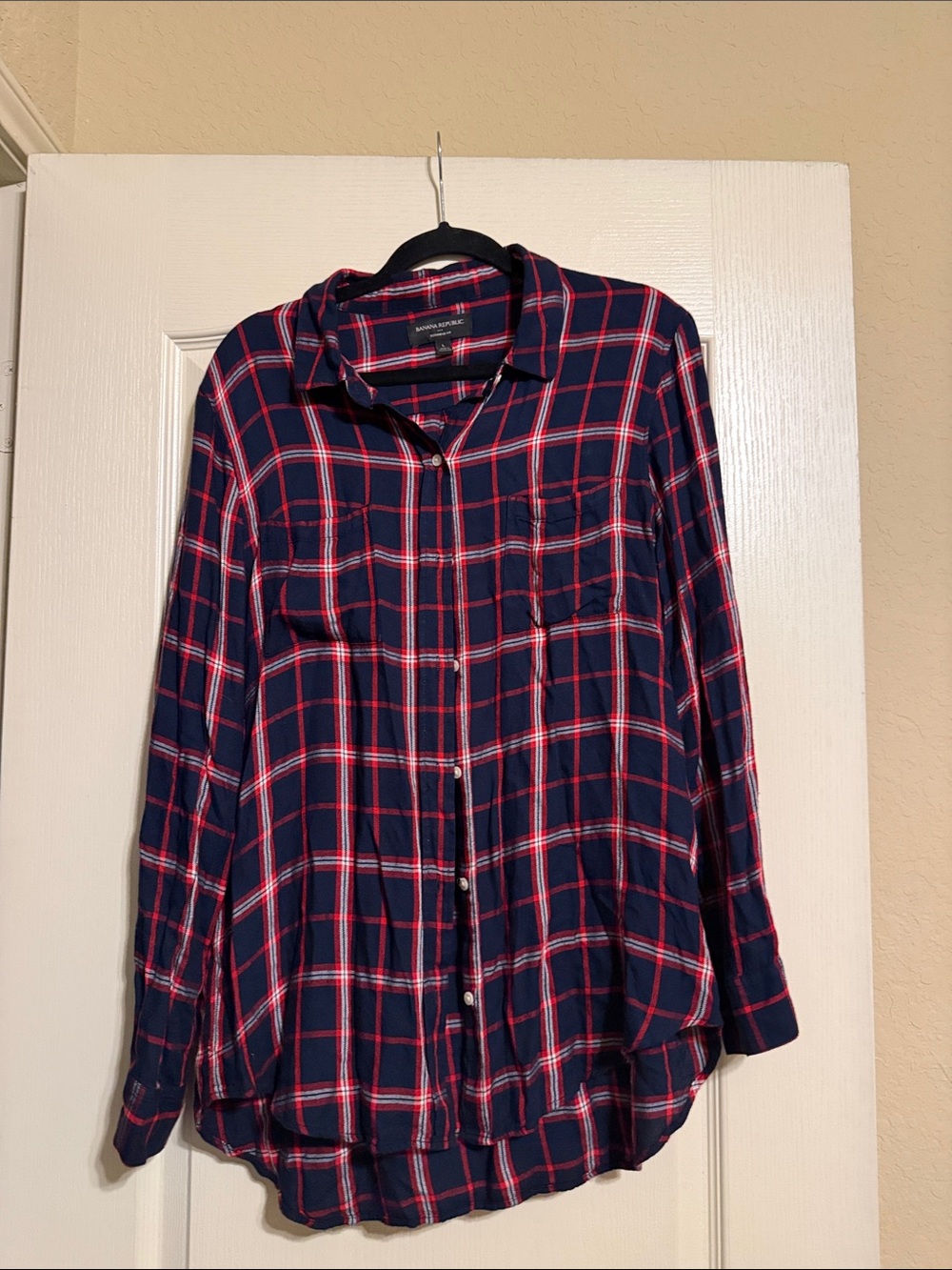 Banana Republic Factory Navy, Red and White Plaid Button-Up Shirt